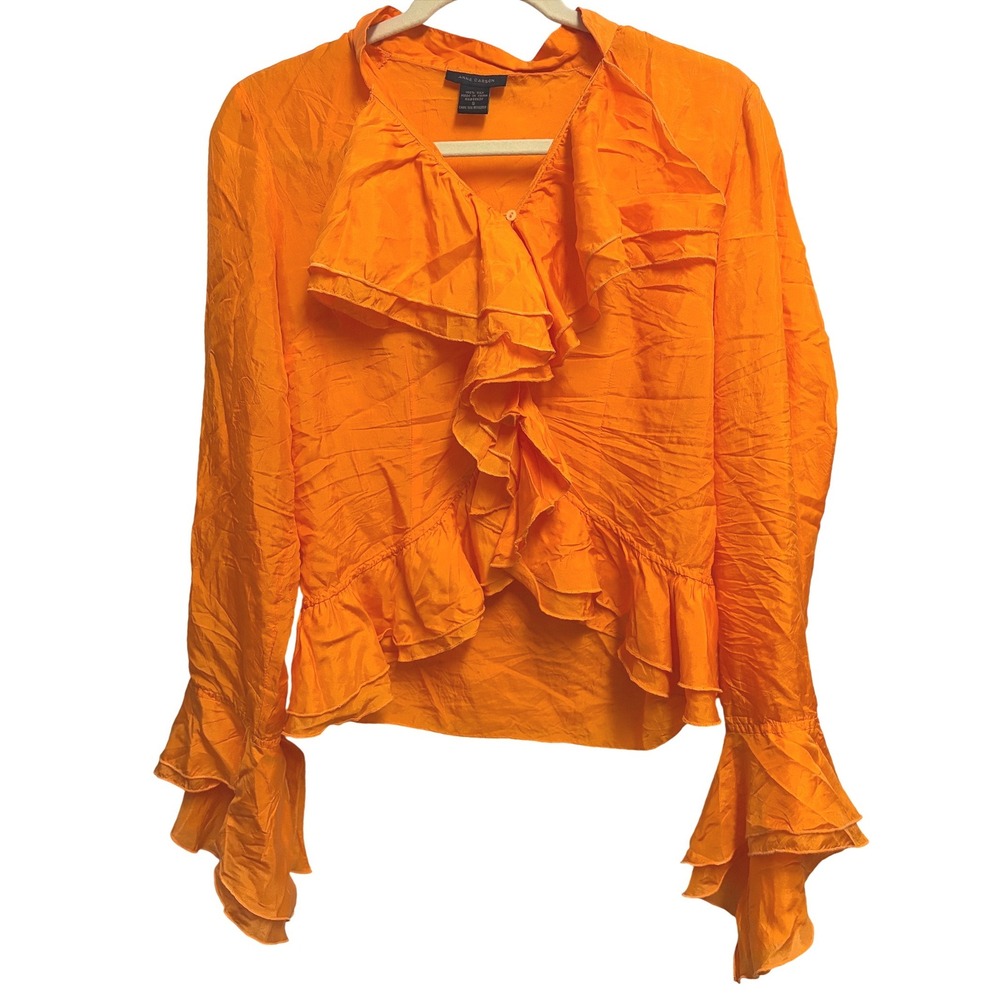 Anne Carson Ruffle Silk Poet Blouse Tangerine Orange Long Sleeve Flounce Small